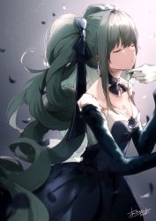 Rule 34 | 1girl, asahi kuroi, backlighting, black dress, black gloves, black ribbon, breasts, cleavage, closed eyes, collarbone, commentary, dress, drill hair, earrings, elbow gloves, gloves, gradient background, grey background, grey hair, hair ribbon, hand on another&#039;s chin, hatsune miku, highres, jewelry, long hair, medium breasts, neck ribbon, number tattoo, parted lips, petals, ribbon, sidelocks, signature, solo focus, tattoo, twintails, very long hair, vocaloid, white gloves
