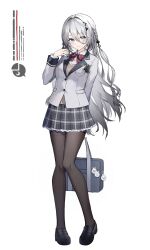 Rule 34 | 1girl, arm behind back, bag, black bag, black footwear, black pantyhose, black skirt, bow, bowtie, braid, closed mouth, collared shirt, full body, grey eyes, grey hair, grey jacket, hair between eyes, hand up, highres, holding, holding bag, jacket, loafers, long hair, looking at viewer, mole, mole under eye, mole under mouth, multiple moles, myske (myst34415756), nijisanji, pantyhose, school bag, school uniform, shirt, shoes, simple background, skirt, smile, solo, sophia valentine, standing, striped bow, striped bowtie, striped clothes, striped skirt, thighband pantyhose, very long hair, virtual youtuber, white background, white shirt