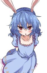 Rule 34 | 1girl, animal ears, arms behind back, blue dress, blue hair, chestnut mouth, collarbone, crescent print, dress, frilled dress, frills, hair between eyes, hair tie, light blush, looking at viewer, mifutatsu, ponytail, rabbit ears, rabbit girl, red eyes, seiran (touhou), simple background, solo, star (symbol), star print, touhou, twintails, upturned eyes, white background