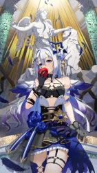 Rule 34 | 1girl, amane kanata, amane kanata (another world), angel, angel wings, apple, arm tattoo, bandaged arm, bandages, blue hair, bowsan, colored inner hair, corset, feathers, food, fruit, gloves, grey hair, hair between eyes, hair bun, highres, hololive, long hair, looking at viewer, multicolored hair, purple eyes, single thighhigh, skirt, solo, statue, strapless, tattoo, thigh strap, thighhighs, tube top, virtual youtuber, wings