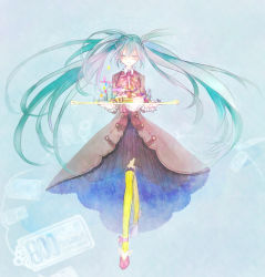 Rule 34 | 10t, 10t (1010), 1girl, aqua hair, closed eyes, hatsune miku, highres, long hair, plate, solo, striped clothes, striped thighhighs, tears, thighhighs, tray, twintails, vertical-striped clothes, vertical-striped thighhighs, very long hair, vocaloid, yellow thighhighs