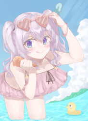 Rule 34 | 1girl, :d, az toride, bikini, blue eyes, blush, breasts, cleavage, cloud, food, frilled bikini, frills, grey hair, hair tie, heart, heart-shaped eyewear, ice cream, ice cream cone, kantai collection, kashima (kancolle), long hair, looking at viewer, medium breasts, mountainous horizon, open mouth, partially submerged, pink bikini, popsicle, rubber duck, sky, smile, solo, swimsuit, twintails, wavy hair