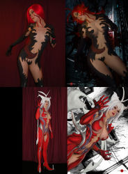 Rule 34 | 1girl, ahoge, amaha masane, armor, before and after, bikini armor, black sclera, bodypaint, breasts, cleavage, colored sclera, cosplay, crotch plate, gonzo (company), highres, huge ahoge, image comics, large breasts, monster girl, painted clothes, paivi asikainen, photo (medium), prehensile hair, real life, red eyes, red hair, revealing clothes, top cow productions, transformation, warrior, white hair, witchblade, witchblade (cosplay), yellow eyes