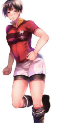 Rule 34 | 10s, 1boy, all out!!, bike shorts under shorts, blush, brown hair, funkasiahq, looking at viewer, male focus, open mouth, soccer uniform, socks, solo, spats under shorts, sportswear, sweat, tagme, yellow eyes