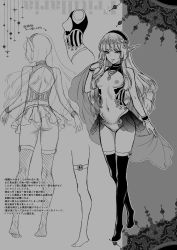 Rule 34 | 1girl, bare back, breasts, concept art, crossed legs, elf, fritillaria (usagi nagomu), greyscale, hair ornament, hairband, highres, jewelry, crossed legs, long hair, looking at viewer, monochrome, multiple views, navel, necklace, nipples, open clothes, open skirt, original, pointy ears, scan, skirt, small breasts, smile, standing, thighhighs, translation request, usagi nagomu, watson cross