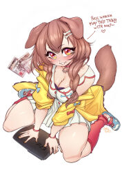 Rule 34 | 1girl, animal collar, animal ears, artist name, bone hair ornament, braid, breasts, breasts squeezed together, brown hair, brown tail, cartoon bone, cleavage, collar, covered erect nipples, dog ears, dog girl, dog tail, double-parted bangs, dress, english text, eyelashes, fingernails, floppy ears, from above, full body, game console, gofa, hair between eyes, hair ornament, highres, hololive, inugami korone, inugami korone (1st costume), jacket, large breasts, lips, long hair, long sleeves, looking at viewer, low twin braids, multicolored eyes, open clothes, open jacket, parted lips, playstation 3, purple eyes, red collar, red eyes, shoes, short dress, simple background, sitting, sleeveless, sleeveless dress, smile, solo, tail, twin braids, virtual youtuber, wariza, white background, white dress, yellow eyes, yellow jacket