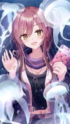 Rule 34 | 1girl, :d, absurdres, against glass, air bubble, animal, aquarium, belt, blush, breasts, brown hair, bubble, cellphone, cleavage, coat, earrings, fish tank, glass, highres, holding, holding phone, idolmaster, idolmaster shiny colors, indoors, jellyfish, jewelry, long hair, looking at viewer, masuku (saint mask), navel, necklace, open mouth, osaki amana, phone, scarf, smartphone, smile, solo, standing, swept bangs, water, yellow eyes