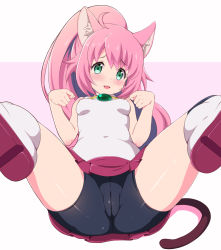 Rule 34 | 10s, 1girl, animal ears, arms up, ass, bike shorts, black thighhighs, boots, breasts, cameltoe, cat ears, cat tail, chisato (missing park), cleft of venus, covered erect nipples, covered navel, green eyes, gundam, gundam build divers, legs up, long hair, lying, on back, open mouth, paw pose, pink hair, ponytail, red skirt, shirt, shorts, skirt, sleeveless, sleeveless shirt, small breasts, smile, solo, spread legs, tail, thighhighs, white footwear, white shirt, yashiro momoka