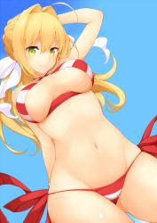 Rule 34 | 1girl, adjusting hair, ahoge, arm up, bikini, bow, breasts, fate/grand order, fate (series), from below, gluteal fold, green eyes, groin, hair bow, hair intakes, jampen, looking down, navel, nero claudius (fate), nero claudius (fate) (all), nero claudius (swimsuit caster) (fate), nero claudius (swimsuit caster) (third ascension) (fate), side-tie bikini bottom, smile, solo, swimsuit, underboob, white bow, wind