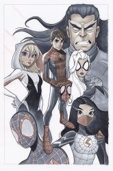 Rule 34 | 3boys, 3girls, black cat (marvel), black hair, blonde hair, bodysuit, breasts, brown eyes, brown hair, character request, chrissie zullo, closed mouth, full body, gloves, gwen stacy, hand on own hip, hood, hooded bodysuit, long hair, looking at viewer, marvel, mask, medium breasts, morlun, mouth mask, multiple boys, multiple girls, peter parker, short hair, silk, silk (marvel), simple background, skin tight, spider-gwen, spider-man, spider-man: into the spider-verse, spider-man (miles morales), spider-man (series), spider-verse, spider web, spider web print, superhero costume, teeth, white background