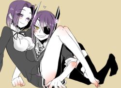 Rule 34 | 10s, 2girls, a10ta (takahasi), bad id, bad pixiv id, checkered clothes, checkered necktie, checkered neckwear, eyepatch, grin, headgear, kantai collection, looking at viewer, multiple girls, necktie, personification, purple eyes, purple hair, short hair, smile, tatsuta (kancolle), tenryuu (kancolle), thighhighs, yellow eyes, yuri