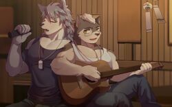 Rule 34 | abs, armband, bad id, bad twitter id, bara, beenic, black armband, black shirt, closed eyes, fangs, furry, furry male, glasses, green pants, guitar, hachi duchi, highres, holding, holding guitar, holding instrument, holding microphone, instrument, jewelry, kouya aotsuki, looking at another, male focus, microphone, morenatsu, muscular, muscular male, music, necklace, open mouth, original, pants, pectorals, shirt, singing, sleeveless, sleeveless shirt, white shirt, wind chime