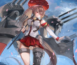 Rule 34 | asymmetrical legwear, blue sky, brown hair, cannon, cherry blossoms, cloud, dated, day, detached sleeves, flower, hair flower, hair ornament, headgear, highres, hip vent, kantai collection, long hair, machinery, nagasawa tougo, oil-paper umbrella, outdoors, ponytail, red eyes, red umbrella, single thighhigh, sky, solo, thighhighs, translation request, turret, twitter username, umbrella, uneven legwear, yamato (kancolle)