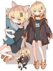 Rule 34 | 1girl, animal slippers, black choker, black shirt, blonde hair, blush stickers, brown footwear, brown jacket, chair, chibi, choker, closed mouth, collarbone, color guide, commentary request, commission, dvd logo, grey background, hair between eyes, half-closed eyes, jacket, kasa (hitori sanka), long sleeves, multiple views, office chair, on chair, open clothes, open jacket, orange eyes, original, puffy long sleeves, puffy sleeves, shirt, sitting, skeb commission, sleeves past wrists, slippers, swivel chair, two-tone background, white background