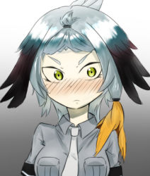 Rule 34 | &gt;:(, 10s, 1girl, ahoge, alternate hairstyle, bangs pinned back, bird wings, black hair, blush, breasts, closed mouth, collared shirt, fankupl, feathered wings, frown, gradient background, green eyes, grey shirt, head wings, kemono friends, long hair, looking away, looking to the side, low ponytail, medium breasts, multicolored hair, necktie, nose blush, orange hair, pocket, shirt, shoebill (kemono friends), short sleeves, silver hair, solo, tsurime, v-shaped eyebrows, wavy mouth, white necktie, wings
