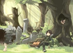 Rule 34 | 1girl, rabbit, closed eyes, female focus, forest, kishibe, nature, original, outdoors, plant, ruins, short hair, solo, squirrel