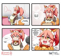 Rule 34 | 4koma, :3, animal ear fluff, animal ears, animal hands, apron, bell, box, cat hair ornament, cat paws, collar, comic, drooling, english text, fangs, fate/grand order, fate (series), fox ears, fox girl, fox tail, frying pan, gloves, hair ornament, highres, jingle bell, keita naruzawa, kotatsu, maid headdress, neck bell, paw gloves, pink hair, revision, table, tail, tamamo (fate), tamamo cat (fate), tamamo cat (second ascension) (fate), yellow eyes