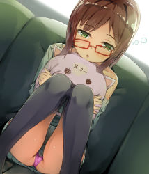 Rule 34 | 1girl, bare shoulders, black thighhighs, blush, brown hair, chestnut mouth, commentary request, couch, drooling, dutch angle, fingernails, glasses, green eyes, green sweater, half-closed eyes, highres, idolmaster, idolmaster cinderella girls, long hair, looking at viewer, maekawa miku, hugging object, off shoulder, on couch, panties, parted lips, partially visible vulva, pink panties, red-framed eyewear, saliva, seneto, sitting, solo, stuffed animal, stuffed cat, stuffed toy, sweater, thighhighs, underwear