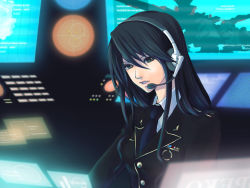 Rule 34 | 1girl, armored core, armored core: for answer, black hair, female focus, from software, headset, kasumi sumika, long hair, mameneko, military, military operator, military uniform, serene haze, solo, spirit of motherwill, uniform
