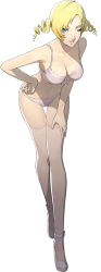 Rule 34 | 1girl, atlus, blonde hair, bra, breasts, catherine, catherine: full body, catherine (game), cleavage, full body, heels, high heels, lace, lace-trimmed bra, lace-trimmed legwear, lace-trimmed panties, lace trim, leaning forward, looking at viewer, navel, official art, panties, simple background, soejima shigenori, solo, thighhighs, underwear, white background, white bra, white panties, white thighhighs
