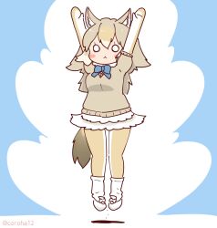 Rule 34 | 1girl, animal ears, arms up, blue background, bow, bowtie, cardigan, coroha, elbow gloves, extra ears, full body, gloves, golden jackal (kemono friends), grey hair, jackal ears, jackal girl, jackal tail, jumping, kemono friends, kemono friends 3, long hair, looking at viewer, pantyhose, shoes, simple background, skirt, socks, solo, tail