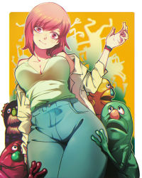 Rule 34 | 1girl, 4others, bare shoulders, breasts, cleavage, collarbone, contrapposto, cowboy shot, creature, denim, facing viewer, from below, head tilt, highres, jacket, jacket off shoulders, jcm2, jeans, legs together, looking at viewer, medium breasts, monster, multiple others, off shoulder, original, pants, pink eyes, pink hair, smile, standing, tank top, wristband