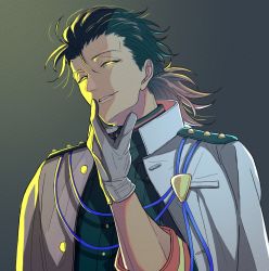Rule 34 | 1boy, black hair, fate/grand order, fate (series), gloves, glowing, glowing eyes, gradient hair, green jacket, grey background, hair slicked back, hair strand, hand on own face, jacket, jacket on shoulders, kimiruun, long hair, looking at viewer, low ponytail, male focus, multicolored hair, parted lips, sakamoto ryouma (fate), sakamoto ryouma (lancer) (fate), sleeves past elbows, smirk, solo, upper body, white gloves, white jacket, yellow eyes