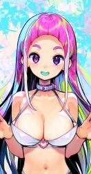 Rule 34 | 1girl, bikini, blue hair, breasts, cleavage, collar, collarbone, commentary request, fangs, green hair, grey collar, heterochromia, large breasts, long hair, looking at viewer, multicolored hair, navel, onono imoko, open mouth, original, pink eyes, pink hair, purple eyes, smile, solo, swimsuit, white bikini