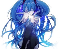 Rule 34 | 1girl, aqua necktie, bare shoulders, black skirt, black thighhighs, blue eyes, blue hair, commentary, double exposure, eiku, glowing, grey shirt, hair ornament, half-closed eyes, hatsune miku, headphones, knees up, long hair, looking at viewer, meteor (vocaloid), necktie, night, night sky, outstretched arms, reaching, reaching towards viewer, shirt, sitting, skirt, sky, sleeveless, sleeveless shirt, solo, star (sky), starry sky, thighhighs, twintails, very long hair, vocaloid, white background