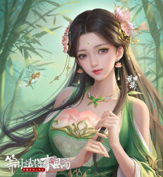 Rule 34 | 1girl, baiguio (zhu xian), bamboo, bug, butterfly, clothing cutout, dress, earrings, facial mark, floral dress, flower, flower earrings, fog, forehead mark, glitter, green dress, hair flower, hair ornament, hand in own hair, highres, insect, jewelry, long sleeves, necklace, parted lips, realistic, sash, second-party source, shoulder cutout, solo, upper body, yang li ping, zhu xian