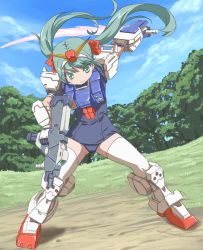 Rule 34 | 1girl, armor, beam rifle, beam saber, boots, day, dutch angle, energy gun, field, goroplus, green eyes, green hair, ground gundam, gundam, gundam 08th ms team, headgear, legs apart, matching hair/eyes, mecha musume, one-piece swimsuit, personification, school swimsuit, sky, solo, swimsuit, thighhighs, tree, weapon, white thighhighs