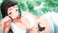 Rule 34 | 2girls, absurdres, animal, bare shoulders, bird, black hair, blush, breasts, brown cape, cape, cleavage, closed mouth, collarbone, crop top, day, ebihara naho, floating hair, forest, from side, giant, giantess, green eyes, halterneck, halterneck, hand on own cheek, hand on own face, head rest, highres, huge breasts, idolmaster, idolmaster cinderella girls, jewelry, kanzaki ranko, long hair, looking at another, lying, multiple girls, nature, necklace, necktie, on side, outdoors, pole (ppp1409), shirt, silver hair, size difference, skirt, smile, squirrel, standing, tree, twintails, white shirt, white skirt, wind