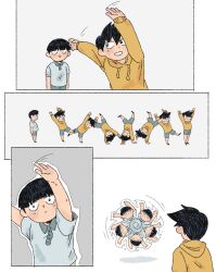 Rule 34 | 2boys, aged down, arms up, black hair, blunt bangs, bowl cut, brothers, cartwheel, child, closed mouth, comic, cutystuffy, highres, hood, hood down, hoodie, kageyama ritsu, kageyama shigeo, long sleeves, looking at another, male focus, mob psycho 100, multiple boys, open mouth, shirt, short hair, short sleeves, siblings, silent comic, simple background, smile, spinning, standing, white background, yellow hoodie