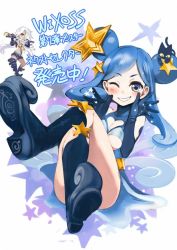 Rule 34 | 10s, 2girls, ;), ario, blue eyes, blue gloves, blue hair, blush, breasts, cat, character request, cleavage, double bun, elbow gloves, gloves, grin, crossed legs, long hair, milulun (wixoss), multiple girls, one eye closed, smile, star (symbol), underboob, wixoss