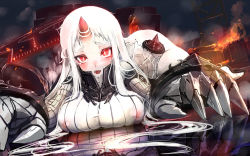 Rule 34 | 10s, 1girl, abyssal ship, akasaai, areola slip, blush, bottomless, breasts, claws, covered erect nipples, cum, detached sleeves, dress, facial, highres, horns, kantai collection, large breasts, long hair, pale skin, red eyes, reflection, ribbed dress, ribbed sweater, seaport princess, short dress, single horn, solo, sweater, sweater dress, white hair
