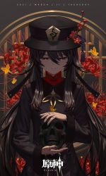 Rule 34 | 1girl, 2021, absurdres, black hair, blood, commentary request, dated, duckking, flower, genshin impact, hair between eyes, half-closed eyes, hat, highres, holding, holding skull, hu tao (genshin impact), jewelry, long hair, long sleeves, nail polish, red eyes, ring, skull, solo, spider lily, twintails, very long hair