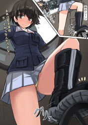 Rule 34 | 1girl, black footwear, blue jacket, blush, boots, brown eyes, brown hair, closed mouth, crotch seam, flying sweatdrops, foot up, frown, girls und panzer, highres, isofude, jacket, long sleeves, looking at viewer, military uniform, miniskirt, motion lines, nakajima (girls und panzer), notice lines, ooarai military uniform, panties, pantyshot, pleated skirt, short hair, skirt, solo, standing, sweatdrop, tank interior, translated, underwear, uniform, white skirt, yellow panties