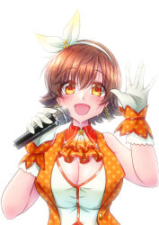 Rule 34 | 1girl, absurdres, blush, breasts, brown hair, cleavage, earrings, gloves, gradient ascot, hairband, hand up, hetawo order, highres, holding, holding microphone, honda mio, idolmaster, idolmaster cinderella girls, jewelry, large breasts, looking at viewer, microphone, shirt, simple background, sleeveless, sleeveless shirt, solo, star (symbol), star earrings, sweat, upper body, white background, white gloves, white hairband, yellow eyes