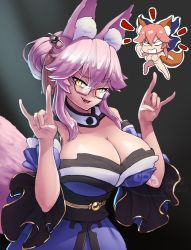 Rule 34 | 2girls, absurdres, animal ear fluff, animal ears, artist request, blue bow, blue kimono, blue ribbon, bow, breasts, chibi, chibi inset, cleavage, cosplay, double fox shadow puppet, fang, fate/grand order, fate (series), fox ears, fox girl, fox shadow puppet, fox tail, gadthegod, glasses, hair ribbon, highres, japanese clothes, kimono, koyanskaya (fate), large breasts, mini person, minigirl, multiple girls, nude, open mouth, pink hair, ribbon, split ponytail, tail, tamamo (fate), tamamo no mae (fate/extra), tamamo no mae (fate/extra) (cosplay), white-framed eyewear, yellow eyes