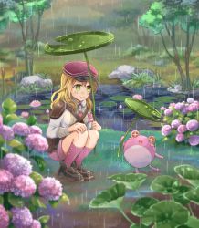Rule 34 | 1girl, alice (rune factory), blonde hair, blush stickers, brown footwear, closed mouth, flower, green eyes, highres, hina cassiopeia, leaf umbrella, lily pad, monster, outdoors, pink flower, pink socks, plant, rain, rune factory, rune factory 5, smile, socks, squatting