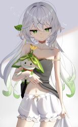 Rule 34 | 1girl, aranara (genshin impact), bloomers, camisole, clothes lift, flat chest, genshin impact, gradient hair, green eyes, green hair, hair between eyes, hair ornament, highres, holding, holding stuffed toy, leaf hair ornament, long hair, looking at viewer, midriff peek, multicolored hair, nahida (genshin impact), navel, pointy ears, shirt lift, shuvalun8, sidelocks, simple background, solo, strap slip, stuffed toy, symbol-shaped pupils, twintails, underwear, white bloomers, white hair
