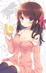 Rule 34 | 1girl, :o, animal print, arm at side, bare shoulders, bear print, black thighhighs, blue eyes, blush, border, bow, breasts, brown hair, buttons, cleavage, collarbone, cup, dotted line, eyebrows, grand piano, hair bow, hair ribbon, holding, holding cup, instrument, long hair, long sleeves, looking at viewer, loose clothes, loose shirt, mug, no bra, no pants, off shoulder, one side up, original, pajamas, parted lips, piano, pink bow, polka dot, ribbon, shirt, sitting, solo, stomach, swept bangs, thighhighs, unbuttoned, white background, yamucha