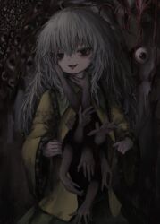 Rule 34 | 1girl, blouse, crazy, eyeball, frilled shirt collar, frills, green skirt, grey hair, highres, komeiji koishi, open clothes, open mouth, reverinth, shirt, skirt, smile, solo, strangling, tongue, tongue out, touhou, wide sleeves, yellow shirt