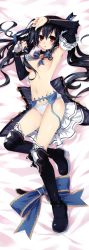 Rule 34 | 10s, 1girl, absurdres, armpits, bed, bed sheet, black hair, blue bow, blue bowtie, blush, boots, bow, bowtie, breasts, dakimakura (medium), detached collar, embarrassed, from above, from side, full body, garter belt, garter straps, hair between eyes, hair ornament, high heel boots, high heels, highres, long hair, looking at viewer, lying, miniskirt, neptune (series), noire (neptunia), on back, on bed, open mouth, panties, red eyes, ribbon, skirt, solo, thighhighs, tsunako, twintails, underwear, underwear only, undressing, unworn skirt, very long hair, wavy hair