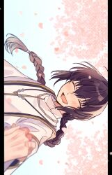 Rule 34 | 1other, ahoge, amulet, androgynous, black hair, blush, braid, braided ponytail, cherry blossoms, closed eyes, falling petals, fate/samurai remnant, fate (series), hair intakes, highres, holding hands, jewelry, necklace, petals, single braid, smile, solo focus, yamato takeru (fate), zu tonatuyasumi