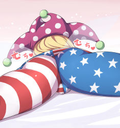 Rule 34 | 1girl, ass, close-up, clownpiece, fairy wings, hat, jester cap, lying, on stomach, pantyhose, polka dot, rizento, simple background, solo, star (symbol), star print, striped, touhou, transparent wings, wings