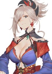 Rule 34 | 1girl, asymmetrical hair, blue eyes, blue kimono, breasts, cancer (zjcconan), cleavage, earrings, fate/grand order, fate (series), hair ornament, highres, japanese clothes, jewelry, kimono, large breasts, leaf print, long hair, looking at viewer, magatama, maple leaf print, miyamoto musashi (fate), miyamoto musashi (third ascension) (fate), obi, pink hair, ponytail, sash, simple background, sleeveless, sleeveless kimono, solo, upper body