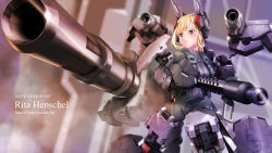 Rule 34 | 1girl, alice gear aegis, black gloves, blonde hair, bodysuit, breasts, cannon, character name, clenched hand, copyright name, gloves, green eyes, grey bodysuit, gun, highres, holding, holding gun, holding weapon, mecha musume, medium breasts, rita henschel, shoulder cannon, solo, tect, v-shaped eyebrows, weapon
