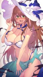 Rule 34 | 1girl, bikini, blush, breasts, brown hair, cleavage, girls&#039; frontline, green eyes, hat, hat ribbon, highres, large breasts, long hair, o-ring, o-ring bikini, official alternate costume, open mouth, ribbon, simple background, smile, solo, springfield (girls&#039; frontline), springfield (stirring mermaid) (girls&#039; frontline), surprised, swimsuit, takamine nadare, torn bikini, torn clothes, white background, white bikini
