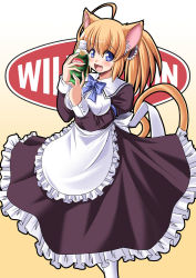 Rule 34 | 1girl, ahoge, animal ears, apron, blonde hair, blue eyes, blush, bottle, breasts, cat ears, cat tail, dress, english text, long hair, maid, maid apron, open mouth, original, pudding (tonpuu), purple eyes, ribbon, short twintails, smile, solo, tail, tonpuu, twintails, waitress